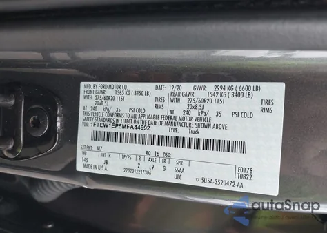 2021 Ford F150 Supercrew из США, поврежденный, VIN 1FTEW1EP5MFA44692